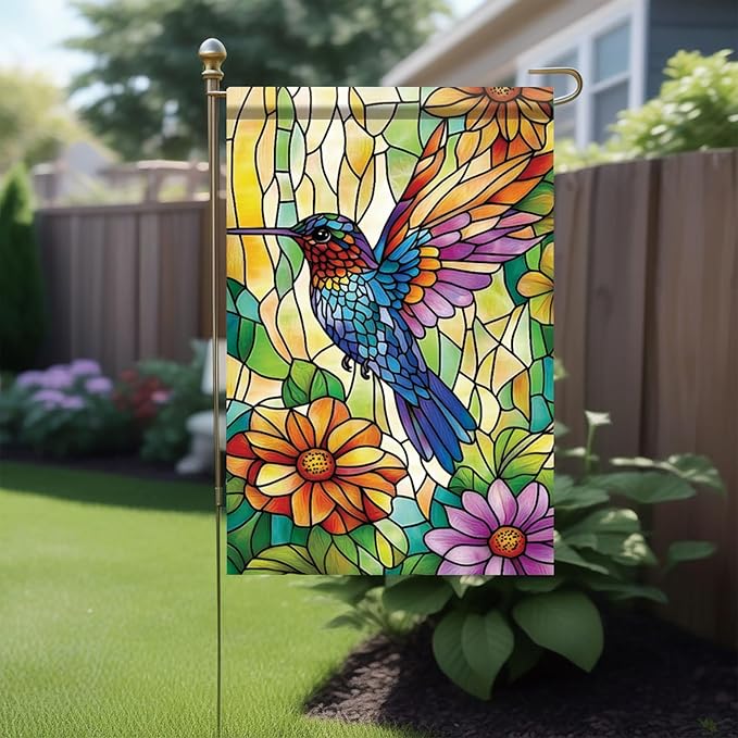 Spring Summer Garden Flag 12x18 Inch Colorful Hummingbird Stained Glass Floral Art Design Outdoor Yard Porch Lawn Garden for Seasonal Farmhouse Boho Home Decor