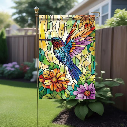 Spring Summer Garden Flag 12x18 Inch Colorful Hummingbird Stained Glass Floral Art Design Outdoor Yard Porch Lawn Garden for Seasonal Farmhouse Boho Home Decor