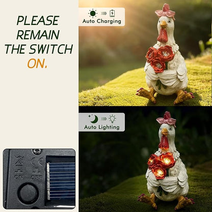 Solar Chicken Garden Decor with LED Light (5" W x 5.5" L x 8.5" H) – Cute Outdoor Hen Statue for Yard Patio Lawn, Chicken Outdoor Decor, Solar Yard Decoration, Housewarming Gifts