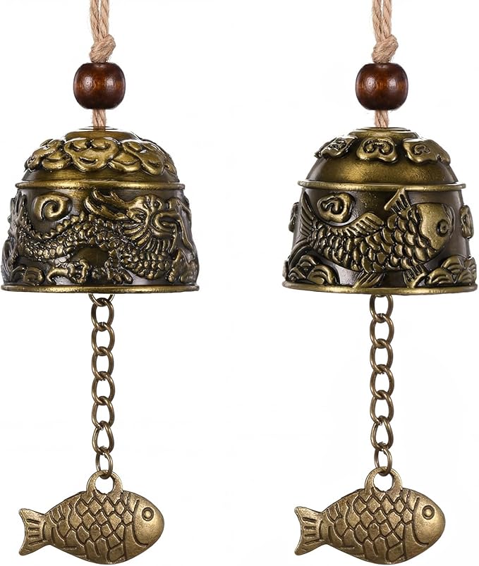 Chuangdi 2 Pcs Fengshui Bell Vintage Dragon Bell Fengshui Wind Chimes Good Luck Hanging Supplies for Home Garden Good Luck Blessing Patio Yard Indoor Outdoor Front Door Decorations (Dragon and Carp)
