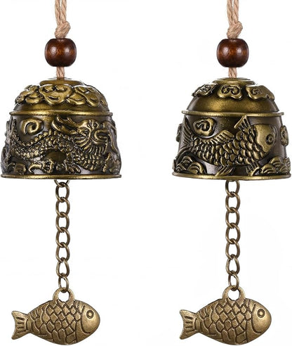 Chuangdi 2 Pcs Fengshui Bell Vintage Dragon Bell Fengshui Wind Chimes Good Luck Hanging Supplies for Home Garden Good Luck Blessing Patio Yard Indoor Outdoor Front Door Decorations (Dragon and Carp)