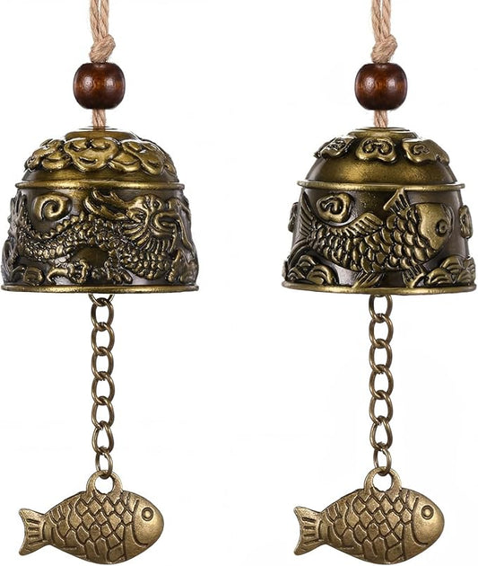 Chuangdi 2 Pcs Fengshui Bell Vintage Dragon Bell Fengshui Wind Chimes Good Luck Hanging Supplies for Home Garden Good Luck Blessing Patio Yard Indoor Outdoor Front Door Decorations (Dragon and Carp)