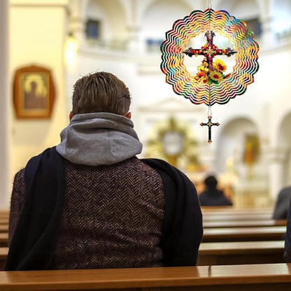 Cross Wind Spinners Outdoor Hanging - 12 Inch 3D Cross & Sunflower Kinetic Art for Yard Patio Ornament Garden Decorations, Christian Gifts for Women Mother's Day Birthday