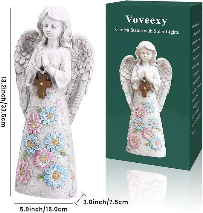 Voveexy Angel Garden Statue Outdoor Figurine, Solar Powered Garden Sculpture with 6 LEDs Resin Praying Angel Decor for Patio Lawn Yard Porch Decoration Christmas Birthday Housewarming Present 13.2” H