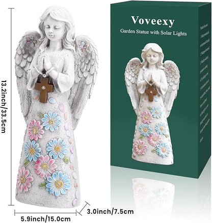 Voveexy Angel Garden Statue Outdoor Figurine, Solar Powered Garden Sculpture with 6 LEDs Resin Praying Angel Decor for Patio Lawn Yard Porch Decoration Christmas Birthday Housewarming Present 13.2” H
