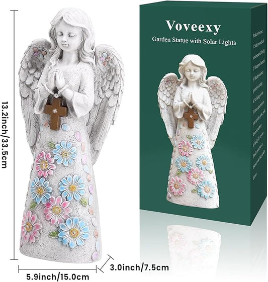 Voveexy Angel Garden Statue Outdoor Figurine, Solar Powered Garden Sculpture with 6 LEDs Resin Praying Angel Decor for Patio Lawn Yard Porch Decoration Christmas Birthday Housewarming Present 13.2” H