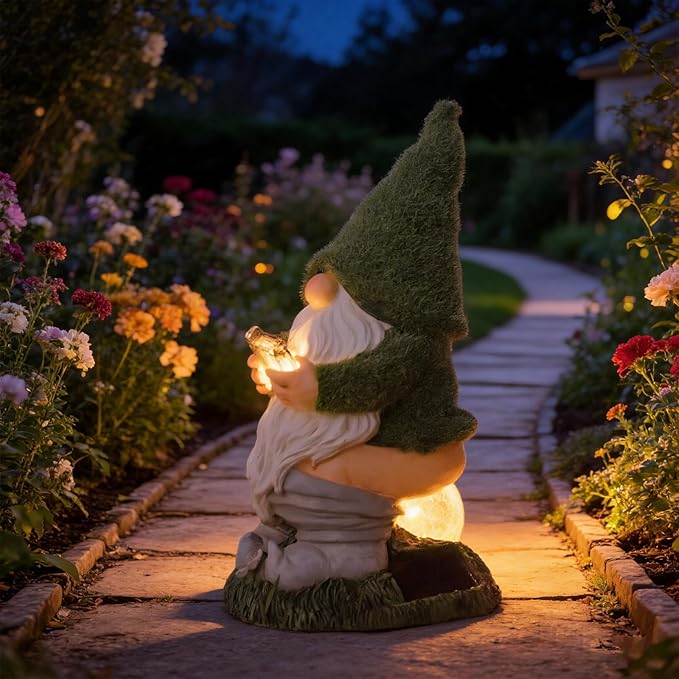 Mischeievous Garden Gnome Statues Solar Lighting - Resin Forest Guardian with Moss Hat&Warm Light Solar Lantern，Funny Outdoor Yard Statue Decor for Patio, Lawn, Fairy Garden Gift