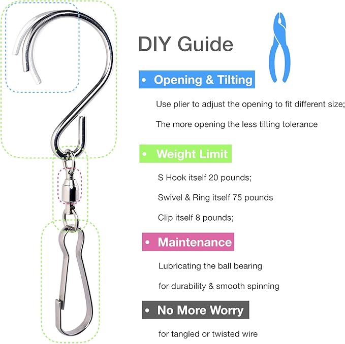 HS's Creation 6 Pack S Hook Clip Swivel for Indoor Outdoor Organization Spinning Hanger Clothline Rack Wind Chimes Spinner Prism Windsocks Hanging Plant