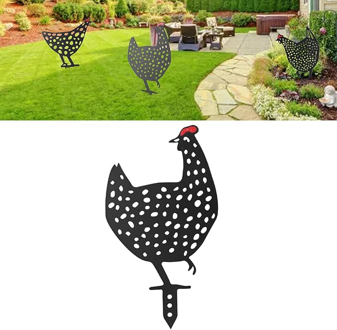 flexman Chicken Garden Stake, Iron Garden Decorative Statues Multifunctional Chicken Family Garden Yard Art for Yard Outdoor Lawn Backyard (C)