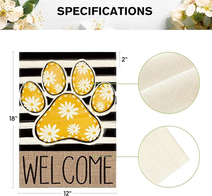 AVOIN colorlife Yellow Paw Print Spring Garden Flag 12x18 Inch Double Sided Outside, Daisy Floral Welcome Stripes Yard Outdoor Flag