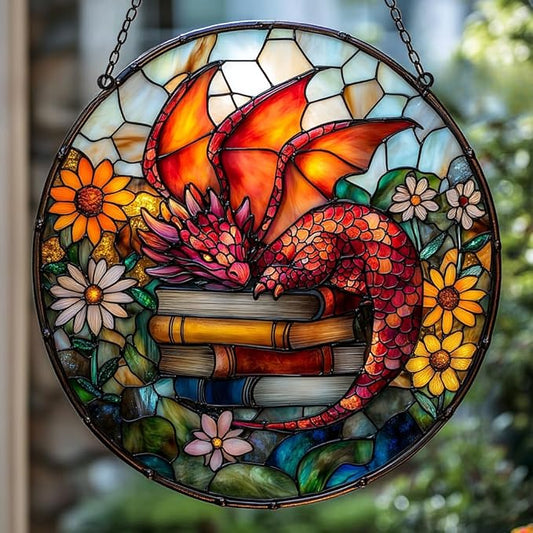 Sleeping Dragon on Books Acrylic Suncatcher Stained Glass Effect Window Car Hanging Christmas Ornament Indoor Outdoor Decor Garden Sun Catcher Panel for Book Lover for Women Mom Grandma