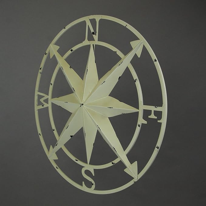 Nautical Compass Rose Wall Hanging Sculpture - Antiqued White Finish Metal Indoor Outdoor Ocean Decor - 20.5 Inch Diameter Elegant Maritime Home Accent Piece