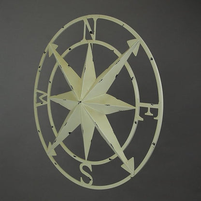 Nautical Compass Rose Wall Hanging Sculpture - Antiqued White Finish Metal Indoor Outdoor Ocean Decor - 20.5 Inch Diameter Elegant Maritime Home Accent Piece