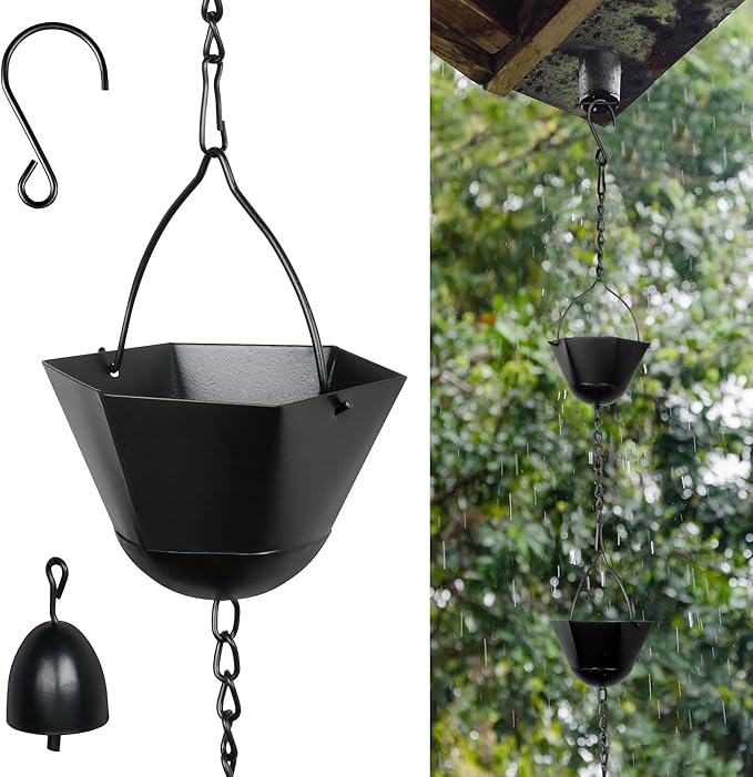 Invech 12.5FT Adjustable Rain Chains for Gutters, Outside Rain Catcher Chain with 12 Cups for Eaves Drainage, Replacement for Downpout (Black)