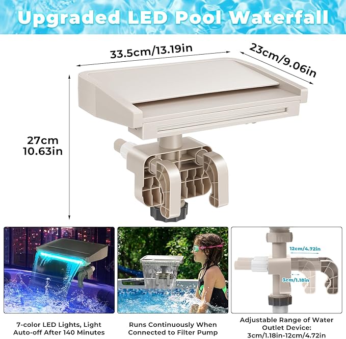 Hanaoyo LED Pool Fountain Waterfall for Above Ground Pools, 7 Different Lighting Colors, Smooth Flowing Pool Waterfall Relaxing Cascade for Outdoor Decor, Adjustable Width Fits Various Frames