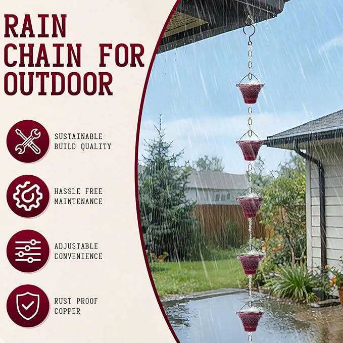 Retro Red Cup Rain Chain, 103.9" Metal Rain Catcher Chain for Gutters, Decorative Outdoor Rain Chain with Distressed Finish, Garden Downspout Diverter Replacement Gift