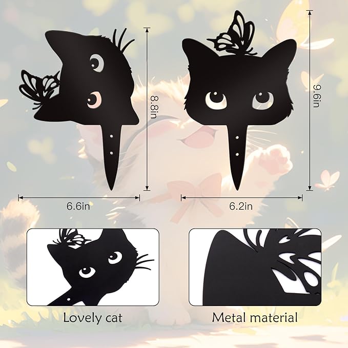 Bnesi 2 Pcs Black Cat Garden Sculptures Metal Fence Decorations Outdoor Decorations for Cat Lovers Black Metal Yard Art Lawn Ornaments Home Decor for Garden Yard Lawn (Elegant)