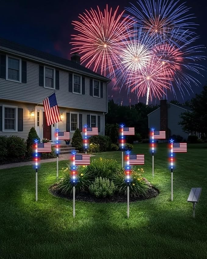 8 Solar American Flag Pathway Lights - Red, White & Blue Yard Glow for 250th Independence Celebration Us, Outdoor Garden Patriotic Decorations Set with Stake for 4th of July Party(8-Pieces)