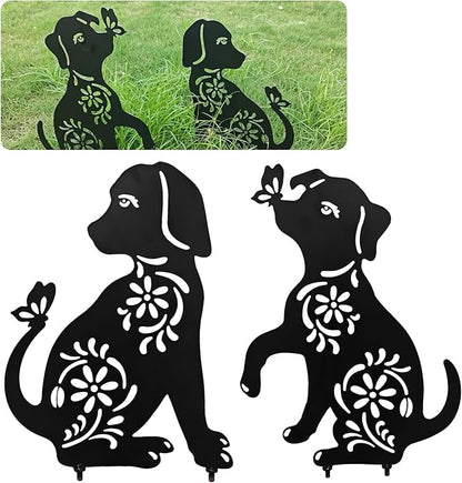 Dog Decor Outdoor Metal Decor, Garden Gecor for Outside Dog Garden Statue, Black Puppy Outdoor Garden Decor, Metal Garden Art Decorations, 2PCS (Dog2)