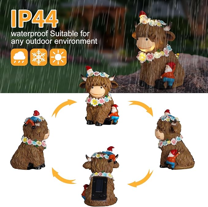 Solar Highland Cow Garden Decor 6.6” Outdoor Statue Resin with Flower Decoration Funny Two Christmas Gnomes Decor,Birthday Gifts for Women Mom Highland Cow Figurine for Yard Patio Lawn Ornaments