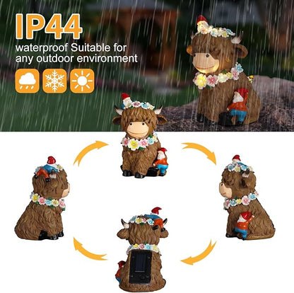 Solar Highland Cow Garden Decor 6.6” Outdoor Statue Resin with Flower Decoration Funny Two Christmas Gnomes Decor,Birthday Gifts for Women Mom Highland Cow Figurine for Yard Patio Lawn Ornaments
