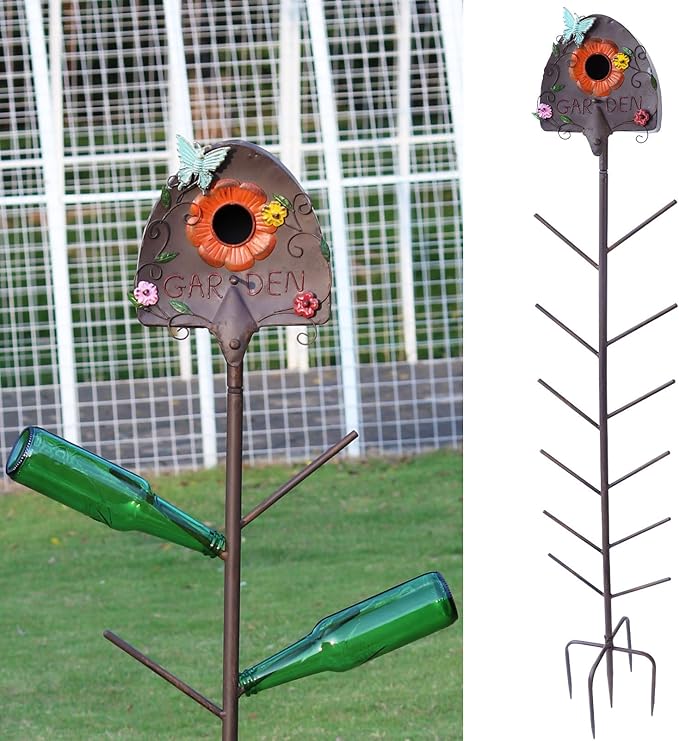 Metal Bird House and Wine Bottle Tree, 2 in 1, Bird Houses with Bottles Tree for Outside,As Garden Yard Decoration for Exterior Party Landscape Decoration
