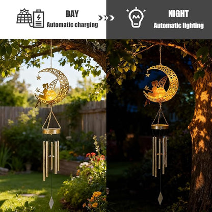 YAKii Fairy Moon Solar Wind Chimes for Outside Lights Gifts for Mom Wife Unique Crackle Glass LED Warm Light Outdoor Hanging Decor Windchimes for Garden Yard Patio Christmas Birthday Mothers Day