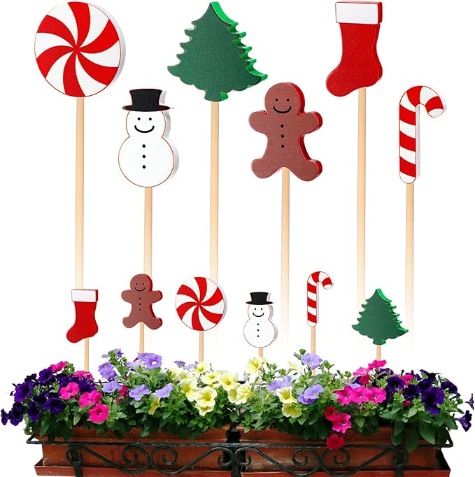 6 Pcs Wooden Christmas Garden Stakes Yard Decoration Front Yard Art Stick Flower Sticks Holiday Supplies for Christmas Indoor and Outdoor Lawn Path Terrace Flower Pots Theme Event Party