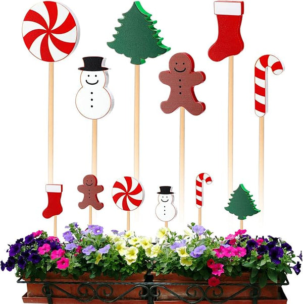 6 Pcs Wooden Christmas Garden Stakes Yard Decoration Front Yard Art Stick Flower Sticks Holiday Supplies for Christmas Indoor and Outdoor Lawn Path Terrace Flower Pots Theme Event Party