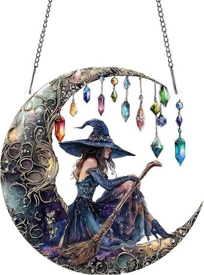 PLIGREAT Moon Witchs Acrylic Suncatcher Window Wall Art Hanging Ornament Painted Colorful Art Crafts Suncatcher for Garden Home Indoor Outdoor Hanging Decor Women Gift