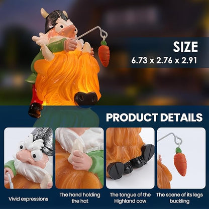 Garden Gnome Statue - Garden Gnome Riding Highland Cow - 6.7 Inch Tall Lawn Figurine - for Outdoor or House Decor - Funny Yard & Patio Decoration