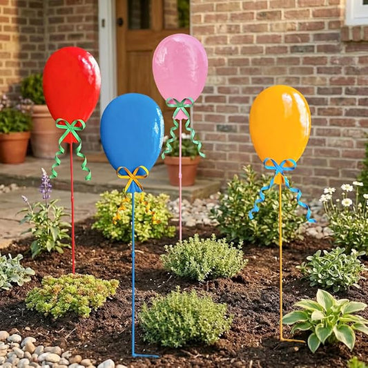 32" Decorative Garden Stakes Set of 4, 3D Metal Balloon Yard Art, Rustproof Metal Garden Decor & Yard Decorations Outdoor, Metal Flowers for Outside in 4 Colors (Blue, Pink, Red, Yellow)