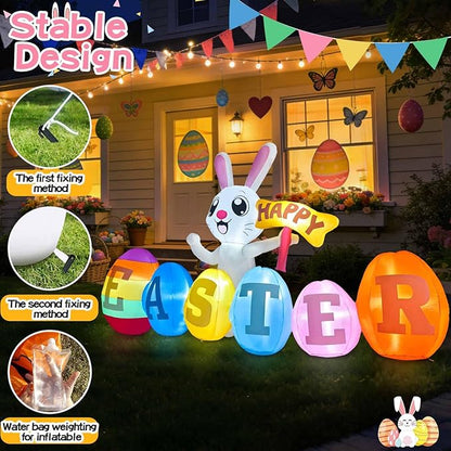 7FT Long Easter Inflatables Outdoor Decoration Inflatable Bunny with Happy Easter Built in LED Lights Bunny Blow Up Yard Decoration for Lawn Garden Holiday Party(with Storage Bag)