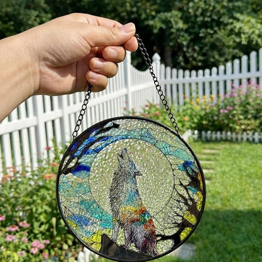 Stained Glass Window Hanging, Stained Glass Suncatcher, Wolf Sun Catcher with Metal Chain, Window Decor for Home Garden, Wolf Lover Gift, Housewarming, Christmas or Birthday Gift (Black)