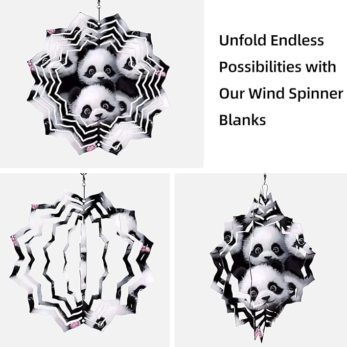 8 Inch Sublimation Wind Spinner, 3D Aluminum Metal Wind Spinner with Hook, Indoor Yard Garden Hanging Decoration, Weather Resistant Rotating Spiral Ornament, Cute Panda Group