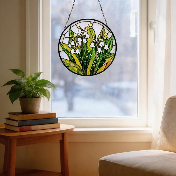 Stained Glass Sun Catcher,Valley FlowersStained Glass Window Hanging Garden Decor,Sun Catchers Indoor Window,Whimsical Decoration for Home Backyard Patio Lawn Porch with 7.9 INCH