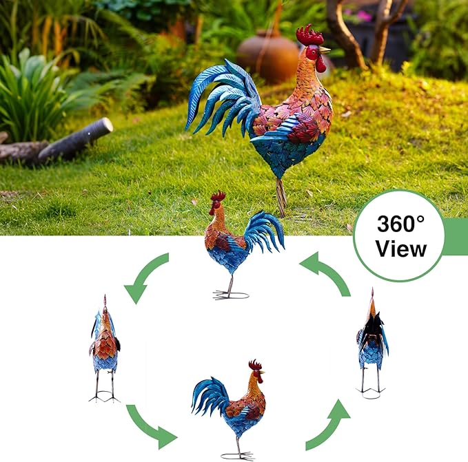 Metal Rooster Statue - Outdoor Garden Porch Patio Farm Backyard Decor - 21 Inch Metal Home Furnishing Artwork - Unique Gifts for Mom Women