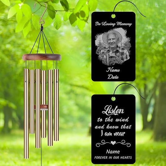 Personalized Custom Wind Chimes Memorial Engraved Gifts for Loss of Loved One Mother Dad Mom Dog Pet Customized Outdoor Sympathy Wind Chimes with Photo Text
