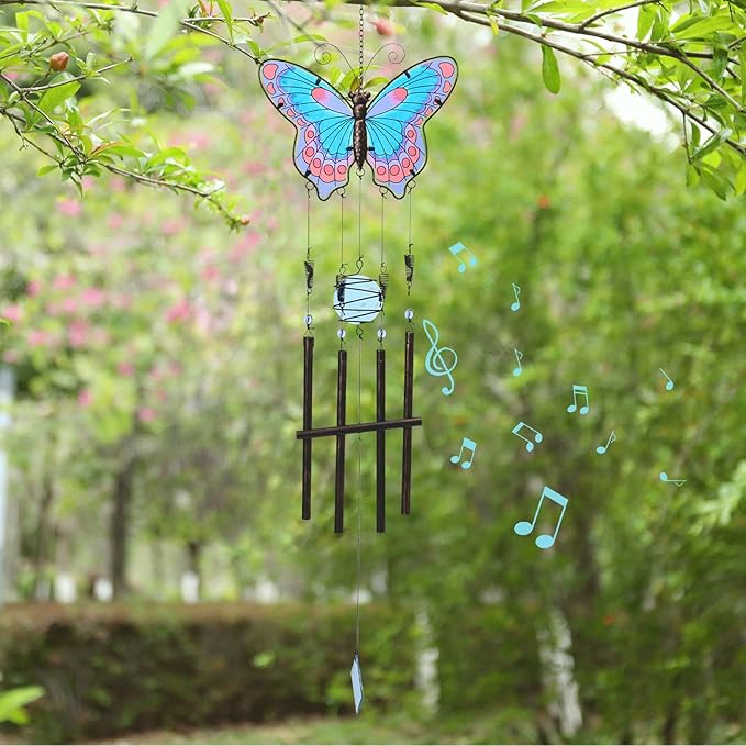 MUMTOP Butterfly Wind Chimes for Outside, Stained Glass Wind Chime Windchimes for Patio, Outdoor,Garden,Yard,Coastal,Window,Home Decor or Gifts for Women(Blue & Red)
