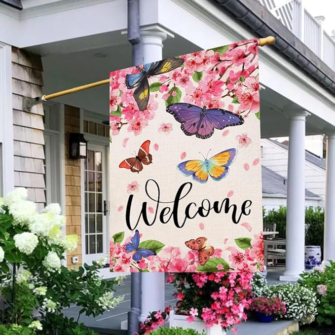 Baccessor Spring Summer House Flag Butterfly Flowers Cherry Blossom Yard Welcome Flag 28 X 40 Inch Double Sided Burlap Large Spring Summer Flag for Outside