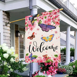 Baccessor Spring Summer House Flag Butterfly Flowers Cherry Blossom Yard Welcome Flag 28 X 40 Inch Double Sided Burlap Large Spring Summer Flag for Outside