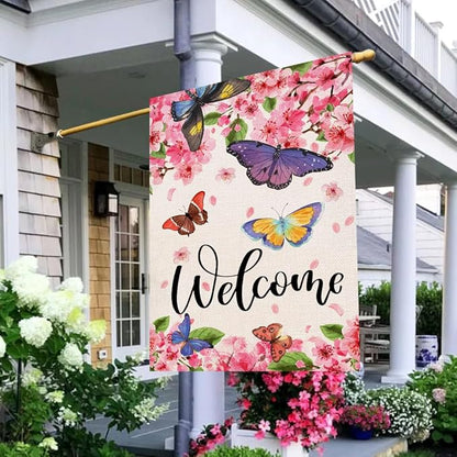 Baccessor Spring Summer House Flag Butterfly Flowers Cherry Blossom Yard Welcome Flag 28 X 40 Inch Double Sided Burlap Large Spring Summer Flag for Outside