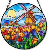 Stained Glass Window Hanging - 11.8in Dutch Windmill and Tulip Flower Sun Catchers Indoor Stained Glass Panels Wall Decor for Mom，Wife，Lovers，Festive