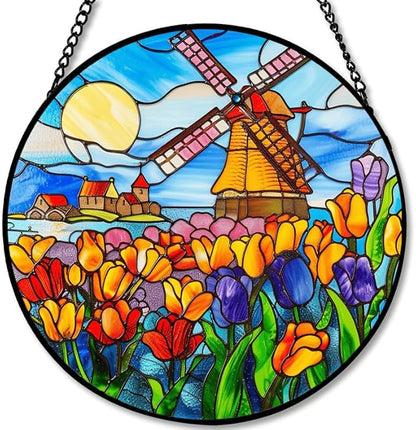 Stained Glass Window Hanging - 7.8in Dutch Windmill and Tulip Flower Sun Catchers Indoor Stained Glass Panels Wall Decor for Mom，Wife，Lovers，Festive