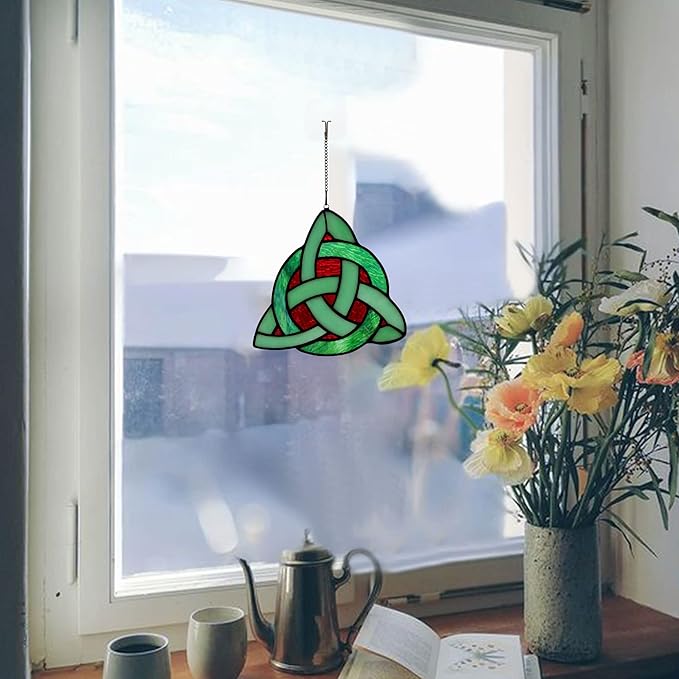 Celtic Trinity Knot Stained Glass Window Hanging,St Patrick's Day Gift Accessories for Women,Teens and Girls,Irish Decor for Bedroom,Living Room and Kitchen