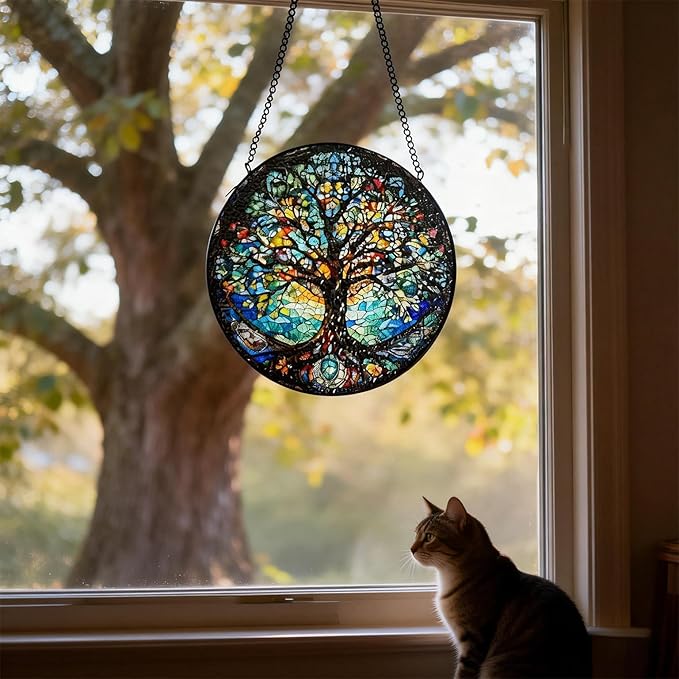 Stained Glass Window Hanging, Tree of Life Suncatcher Glass Panel Decor, Light Catcher Ornament Decoration for Outdoor Indoor Garden Porch Patio, Birthday Housewarmin Gift for Women Men Mom, 7.8 Inch