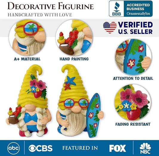 OrnamentallyYou Spring & Summer-Themed Garden Statues – Adorable Outdoor Decor for Lawn, Patio & Porch (Tropical Beach Gnome Duo Figurine Set, Cute 6" Summer Decoration Garden Statue)