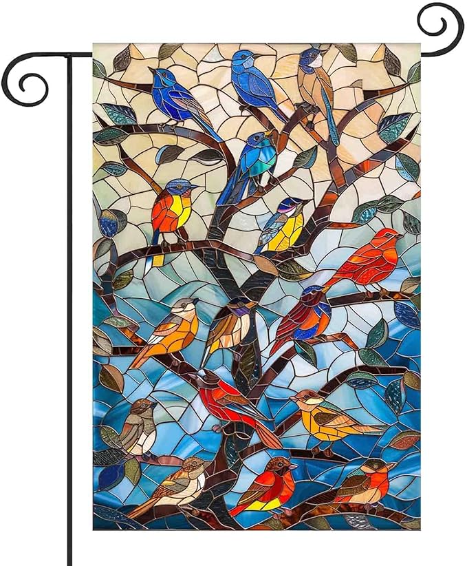 Stained Glass Spring Birds Garden Flag 12x18 Inch Double Sided Welcome Flag Burlap Small Outdoor Flag for Seasonal Farmhouse Yard Outdoor Decor