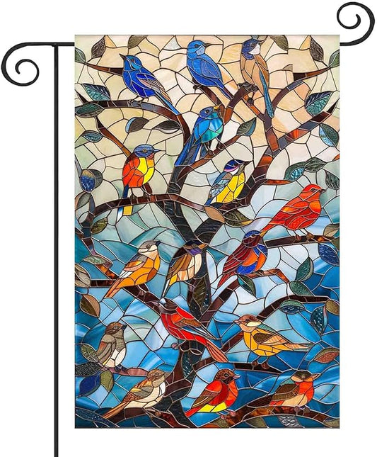 Stained Glass Spring Birds Garden Flag 12x18 Inch Double Sided Welcome Flag Burlap Small Outdoor Flag for Seasonal Farmhouse Yard Outdoor Decor