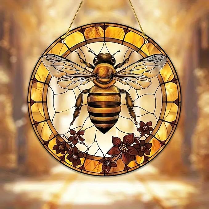 7.9inch Bee Suncatcher for Window Hanging,Floral Acrylic Suncatcher with Chain Window Decor for Home,Indoor, Garden, Housewarming Round Ornament, Gift for Women Friend